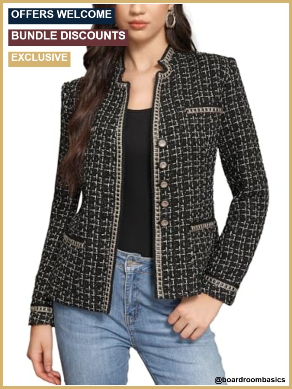 Women Tweed Blazer Tailored Notch Lapel Suit Jacket